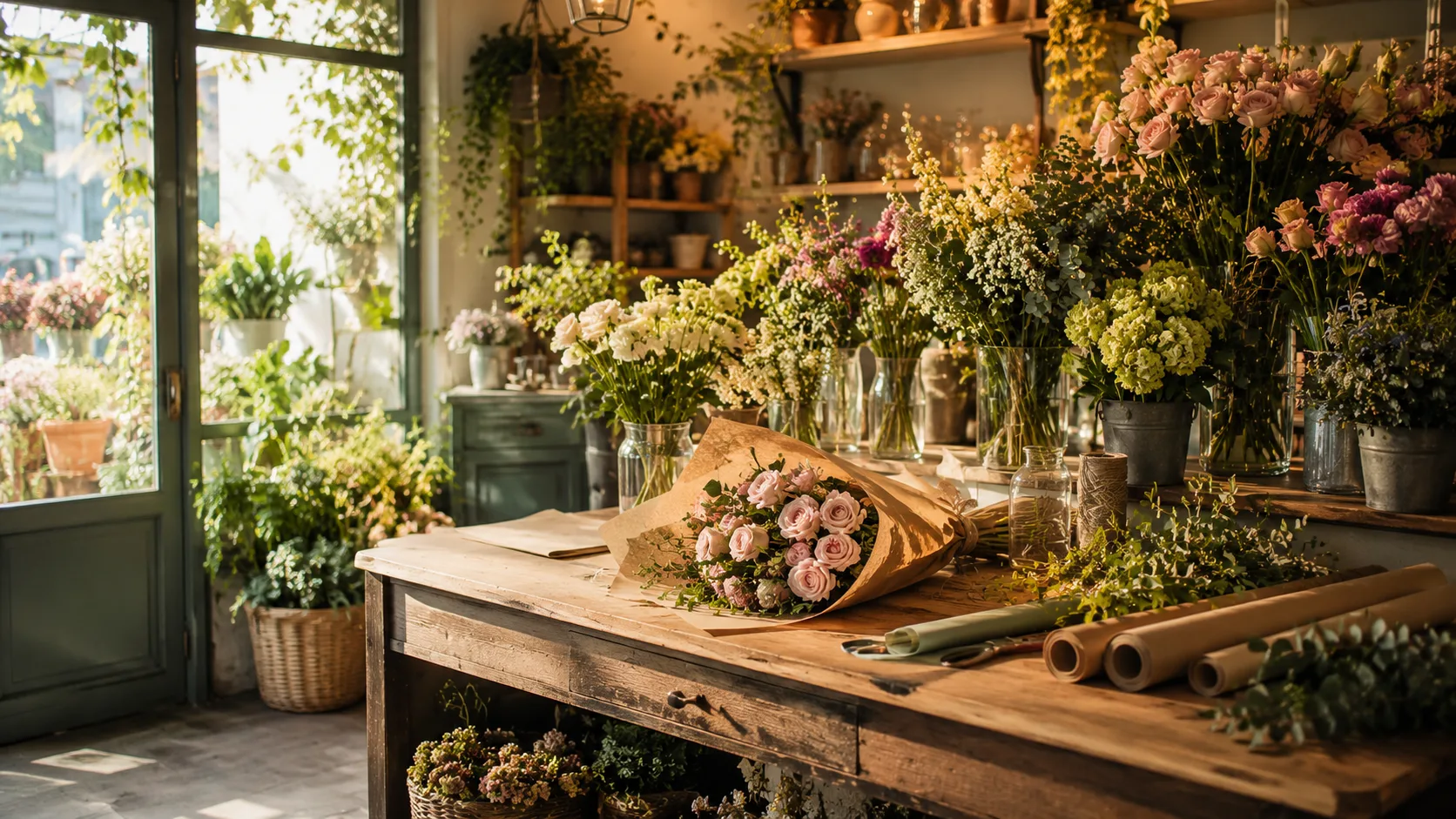 Balcão de florista com ramos e arranjos florais
