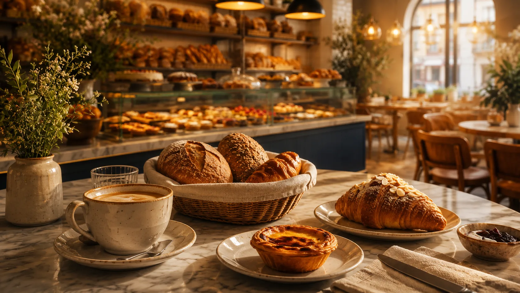 Pequeno-almoço com café, pão e pastel de nata